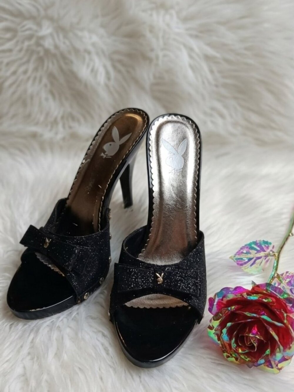 Playboy VTG GabborY2K Black Glitter Mule Heels Stiletto Bow Sandals Studded SZ 9